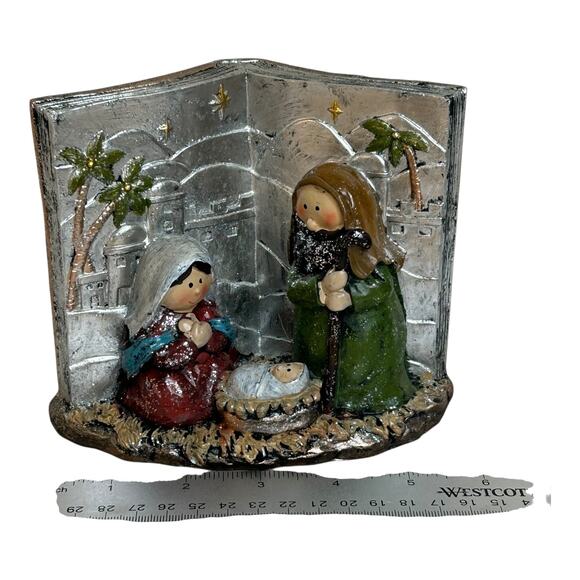 Nativity Scene Set in Open Book Silver Tone Earth Tones Christmas Home Decor - Picture 6 of 7